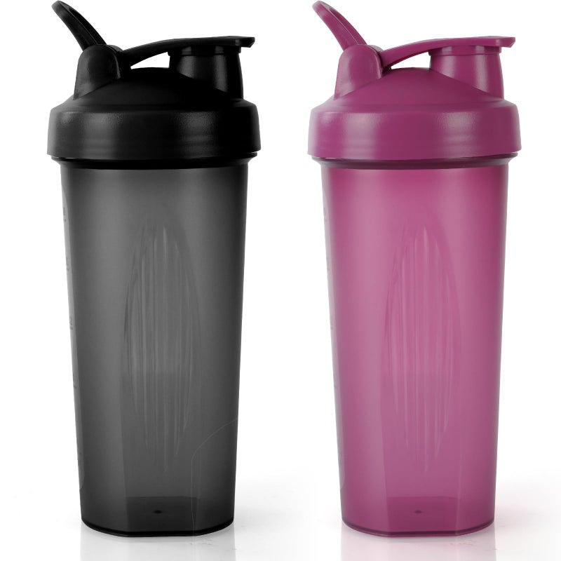 AOGOE Protein Shaker Bottle with Stainless Steel Mixing Ball 600ml, 2pcs Protein & Supplement Shaker Bottle, Leak Proof Flip Flop Lid Shake Bottle Mixer, BPA Free Protein Shake Bottle, Black + Purple